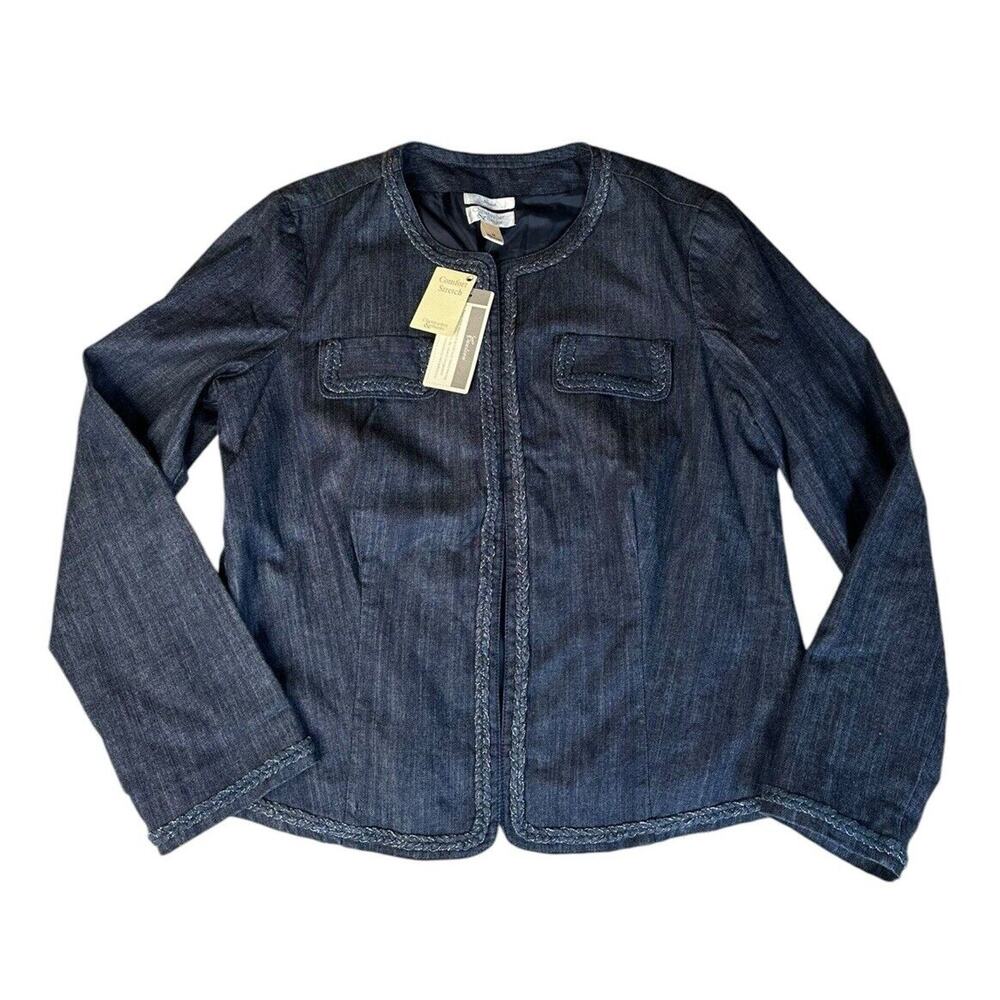 Christopher & Banks Stretch Open Front Blue Denim Braided Metallic Trim Jacket M